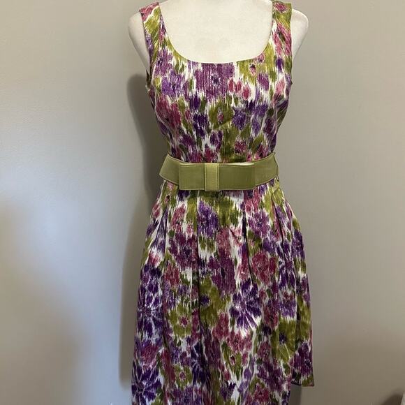 nwt Retro Floral Fit-n-flare Dress size US 0 Cotton Green Bow Belt - Picture 13 of 13